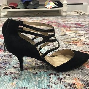 Black strappy pointed toe heels